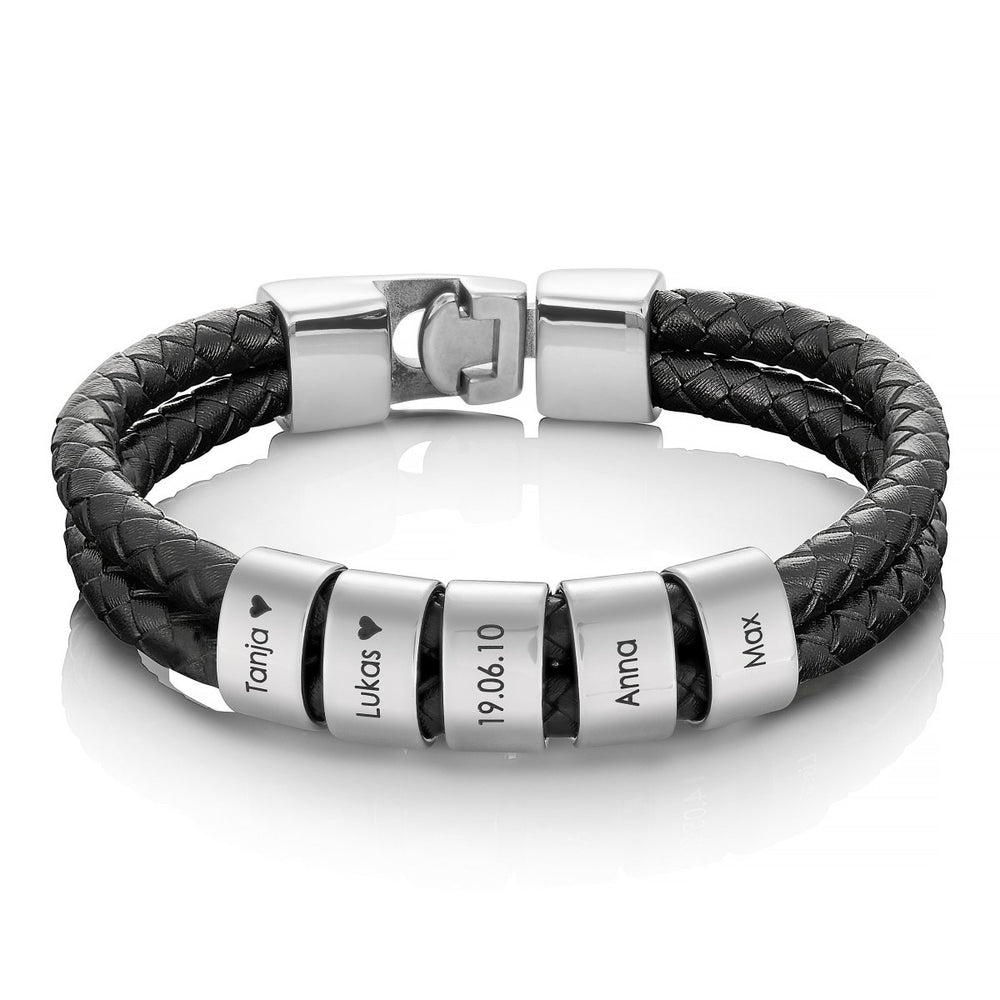 Bracelet double en cuir avec perles argentées personnalisées