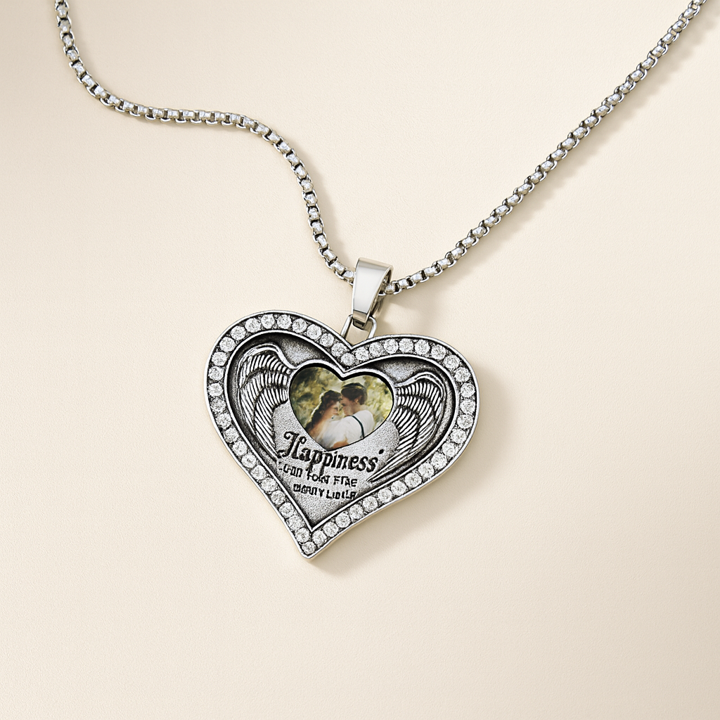 Collier photo personnalisé avec inscription « Happiness » en forme de cœur pêche et diamant